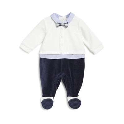 Boys White and Blue Solid Leg Opening Babysuit